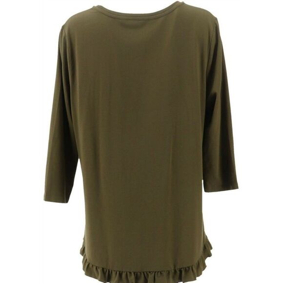 Isaac Mizrahi Live! 3/4-Sleeve Ruffle Curved Hem Knit Top - Picture 4 of 5